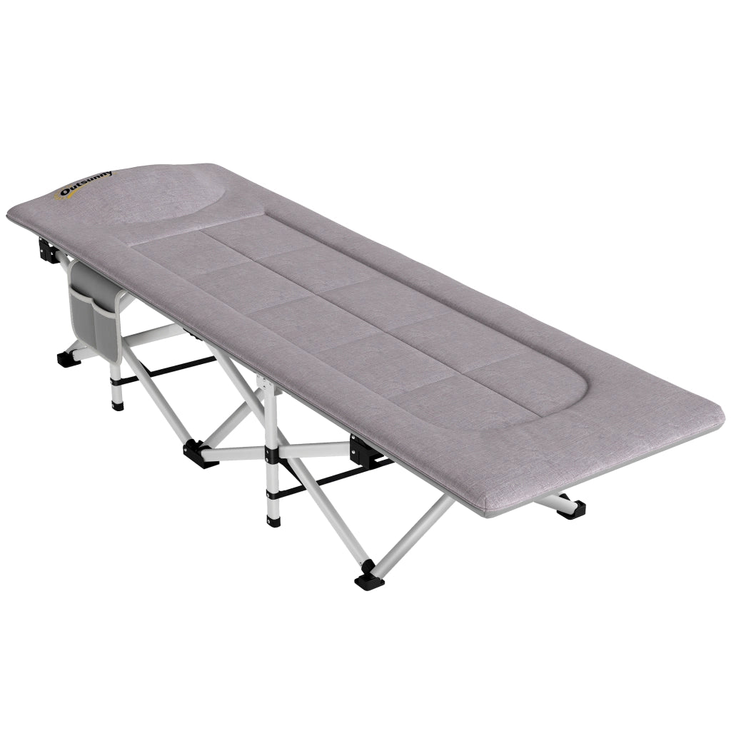 Lettino da campeggio pieghevole con materassino poggiatesta e tasca portaoggetti brandina sdraio robusta grigio 185L x 65l x 37H cm