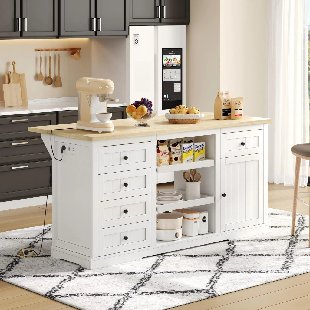 Credenza con piano ribaltabile 5 cassetti 2 ripiani estraibili prese e USB bianco naturale 150 × 65 × 75.5 cm