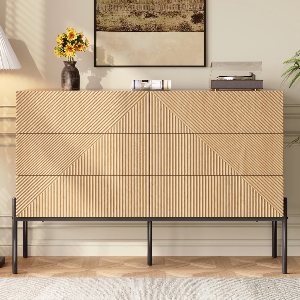 Credenza moderna con sei cassetti; 115;5 cm; struttura geometrica; MDF; color naturale