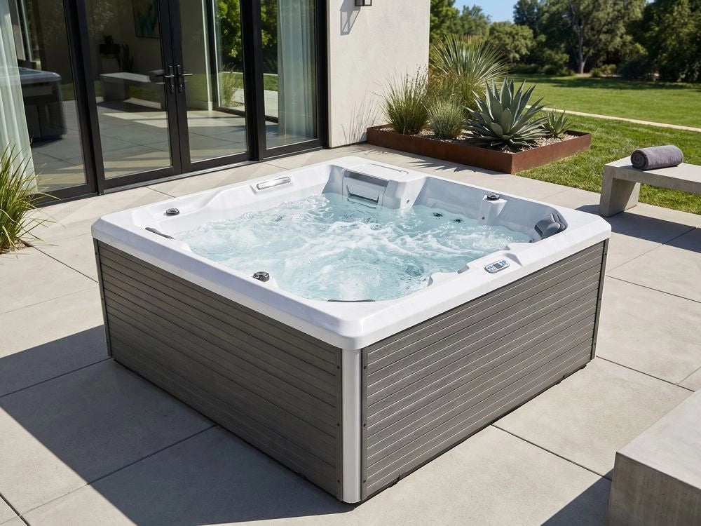 Vasca idromassaggio in acrilico bianco 210 x 210 cm, 34 getti, pannelli esterni grigi, luci LED, da giardino, da terrazza, SPA da esterno