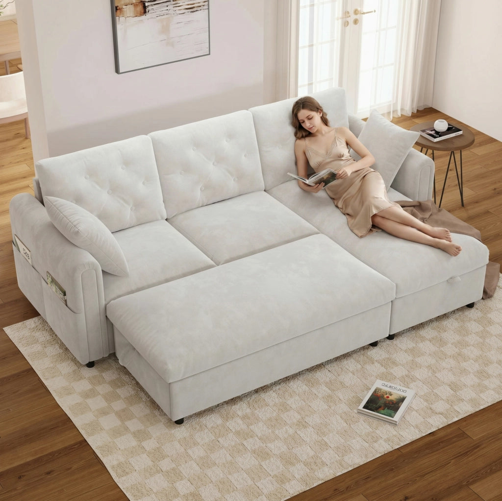 Divano moderno beige con chaise longue reversibile e pouf contenitore, 219 x 131 x 86 cm