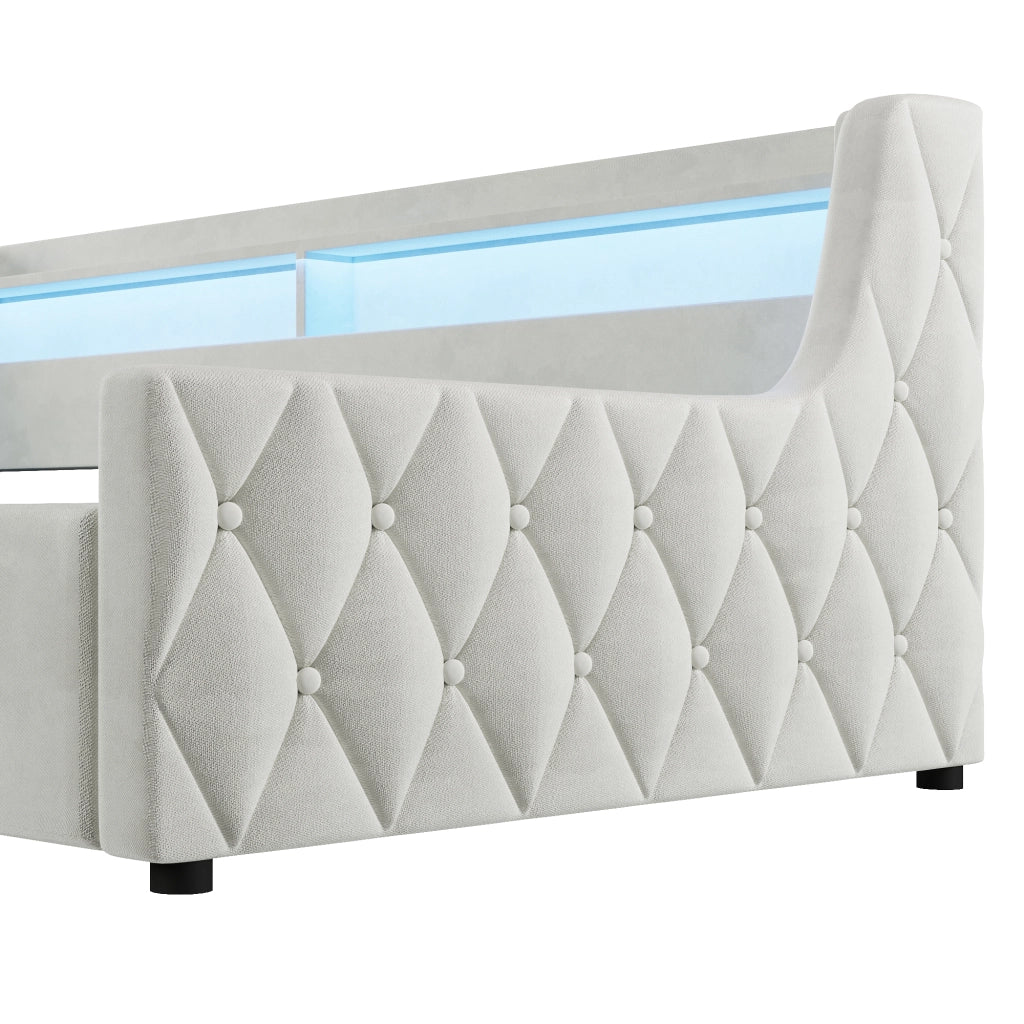 Letto singolo imbottito 90 × 200 cm con vano contenitore LED in velluto bianco sporco senza materasso