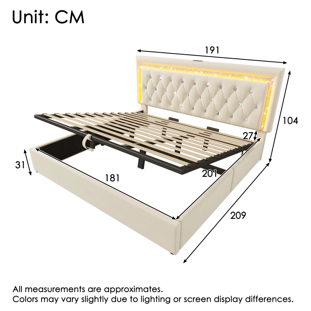 Letto matrimoniale 180×200 cm 2 posti con contenitore idraulico; LED regolabile; USB e USB-C; senza materasso; beige