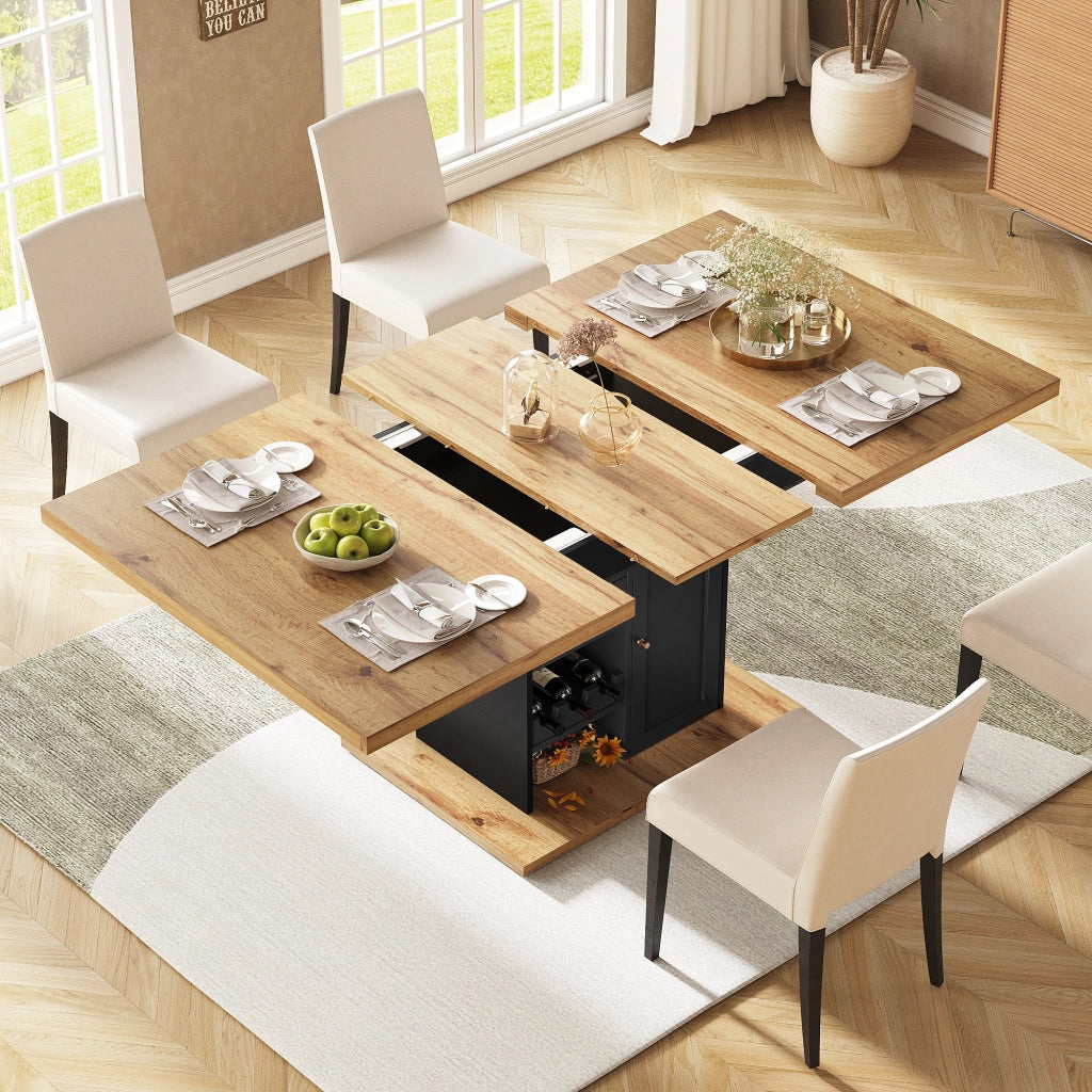 Tavolo allungabile con cassetto; ripiani regolabili e porta snack e vino in MDF nero e naturale 110-140 × 80 × 75 cm