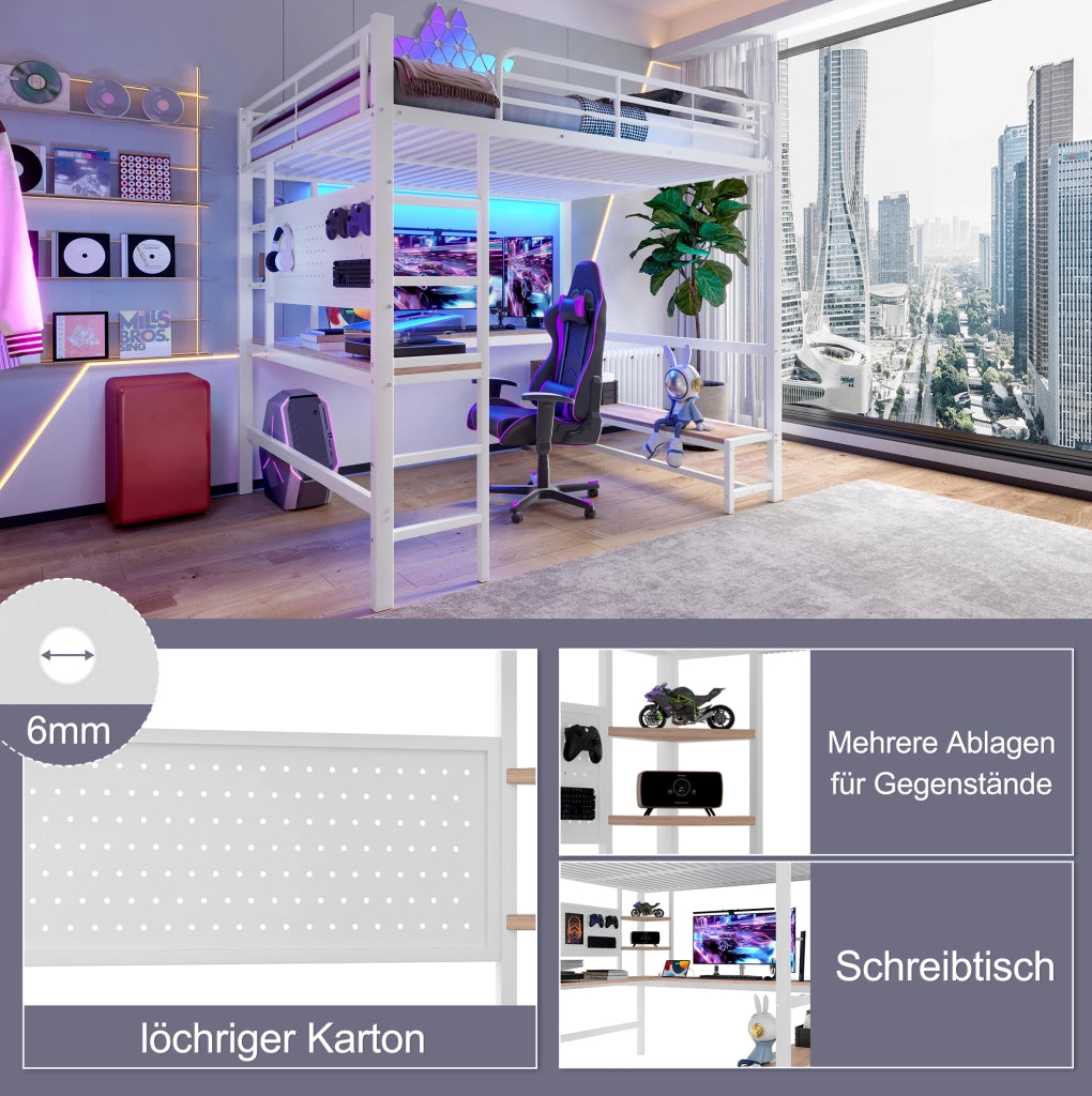 Letto a soppalco 140x200 cm con scrivania; LED; USB e Type-C in metallo e MDF; bianco