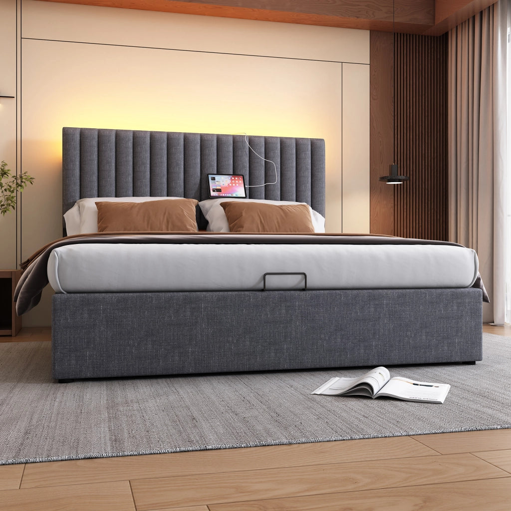 Letto matrimoniale imbottito 140 ¡Á 200 cm con contenitore LED USB Type-C in lino grigio con rete a doghe