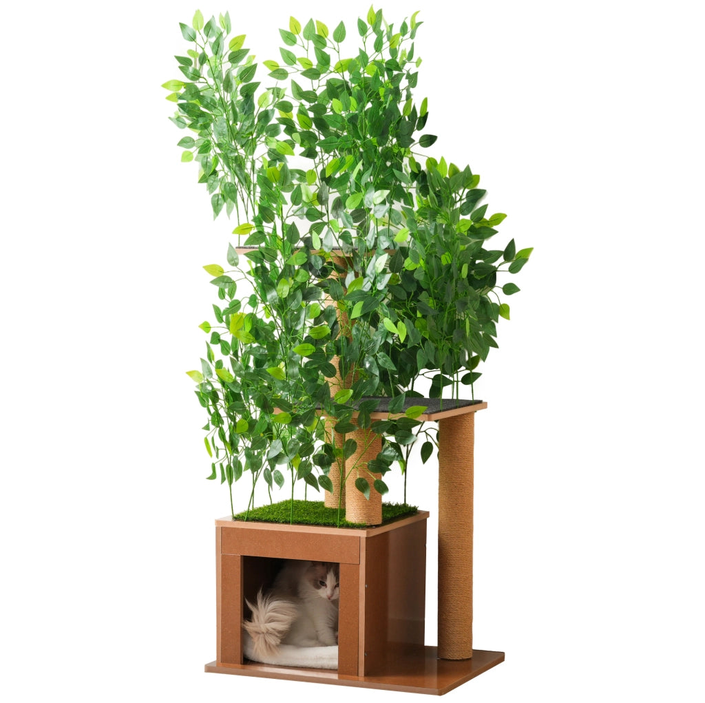 Tiragraffi per gatti ad albero con 3 piattaforme; cuccia e foglie rimovibili; 60×45×158 cm; MDF verde