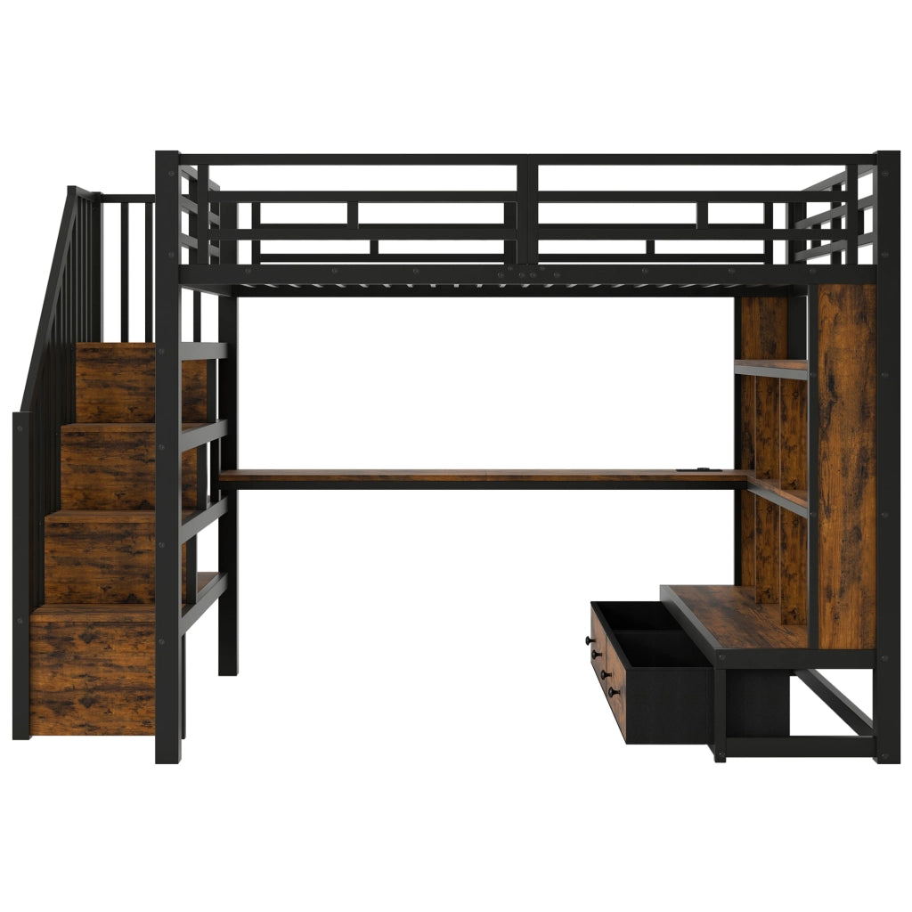 Letto a soppalco ULEVR 140x200 cm con scrivania, libreria, 2 cassetti, scala contenitore e LED, nero