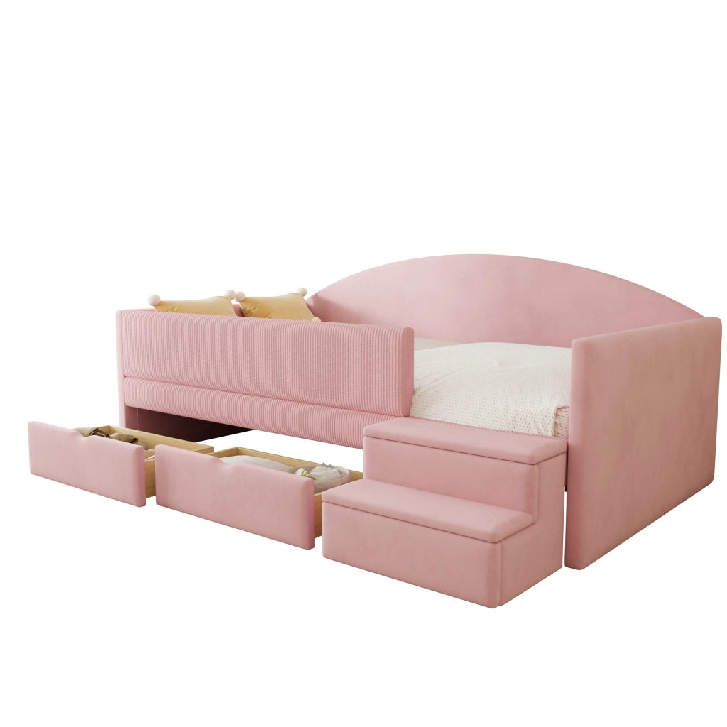 Divano letto imbottito in velluto grigio, letto singolo 90x190 con cassetti e sponde
