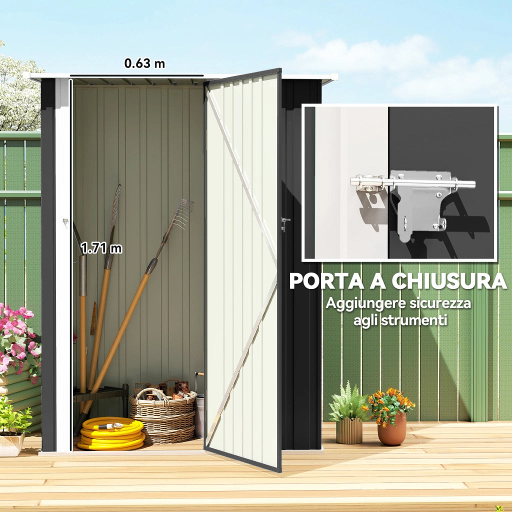 Capanno porta attrezzi da giardino in metallo grigio scuro, casetta con tetto inclinato e porta bloccabile, robusto e pratico, 142x86x189 cm