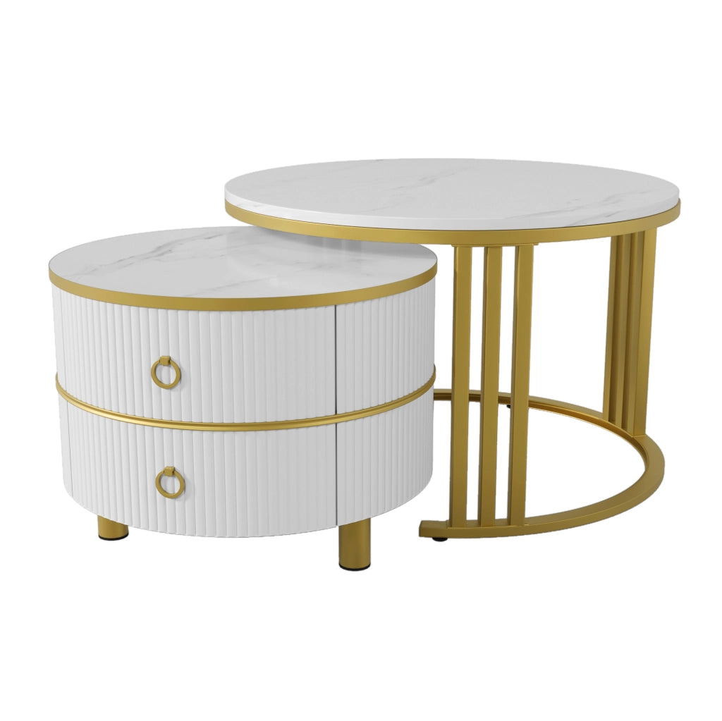 Set di 2 Tavolini Rotondi in MDF con Piano Lucido e Marmo Bianco, 70x70x46 + 50x50x40 cm