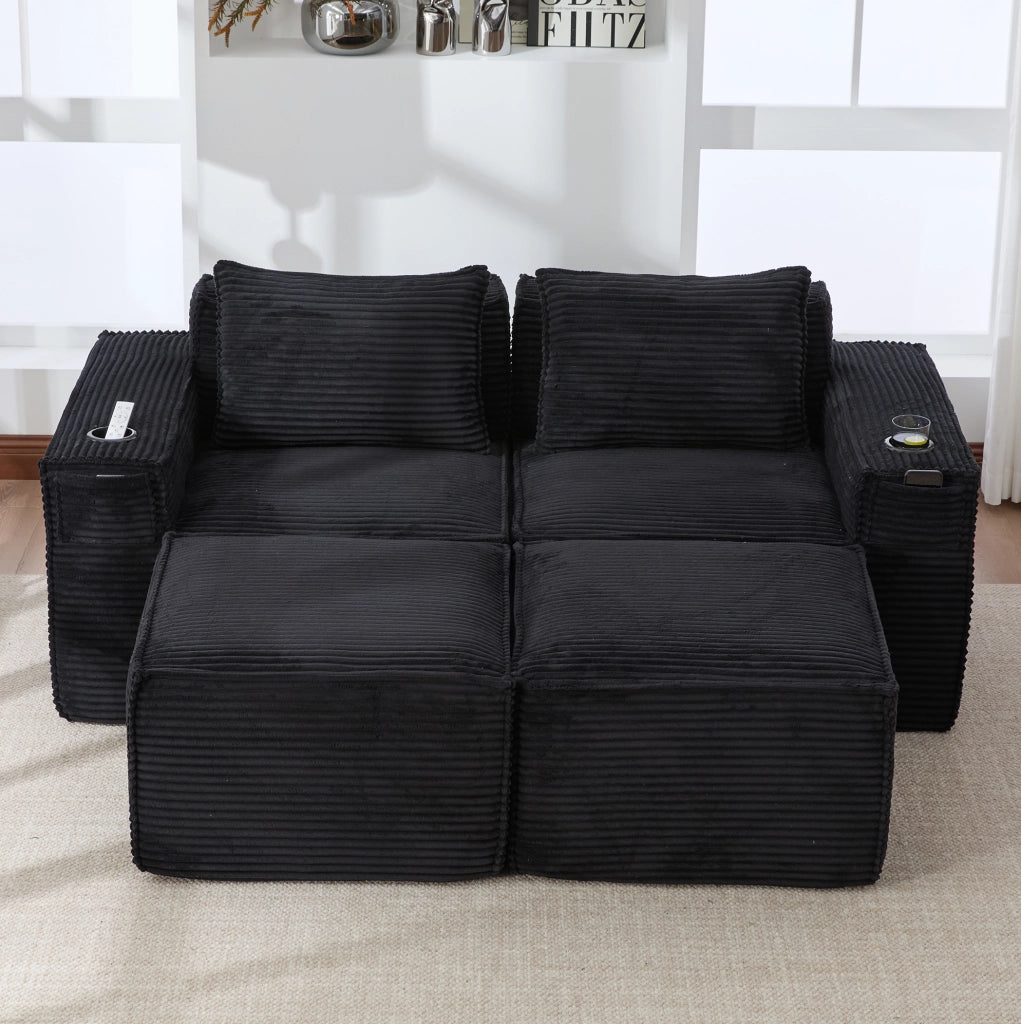 Divano modulare in velluto a coste nero con 2 pouf e portabevande