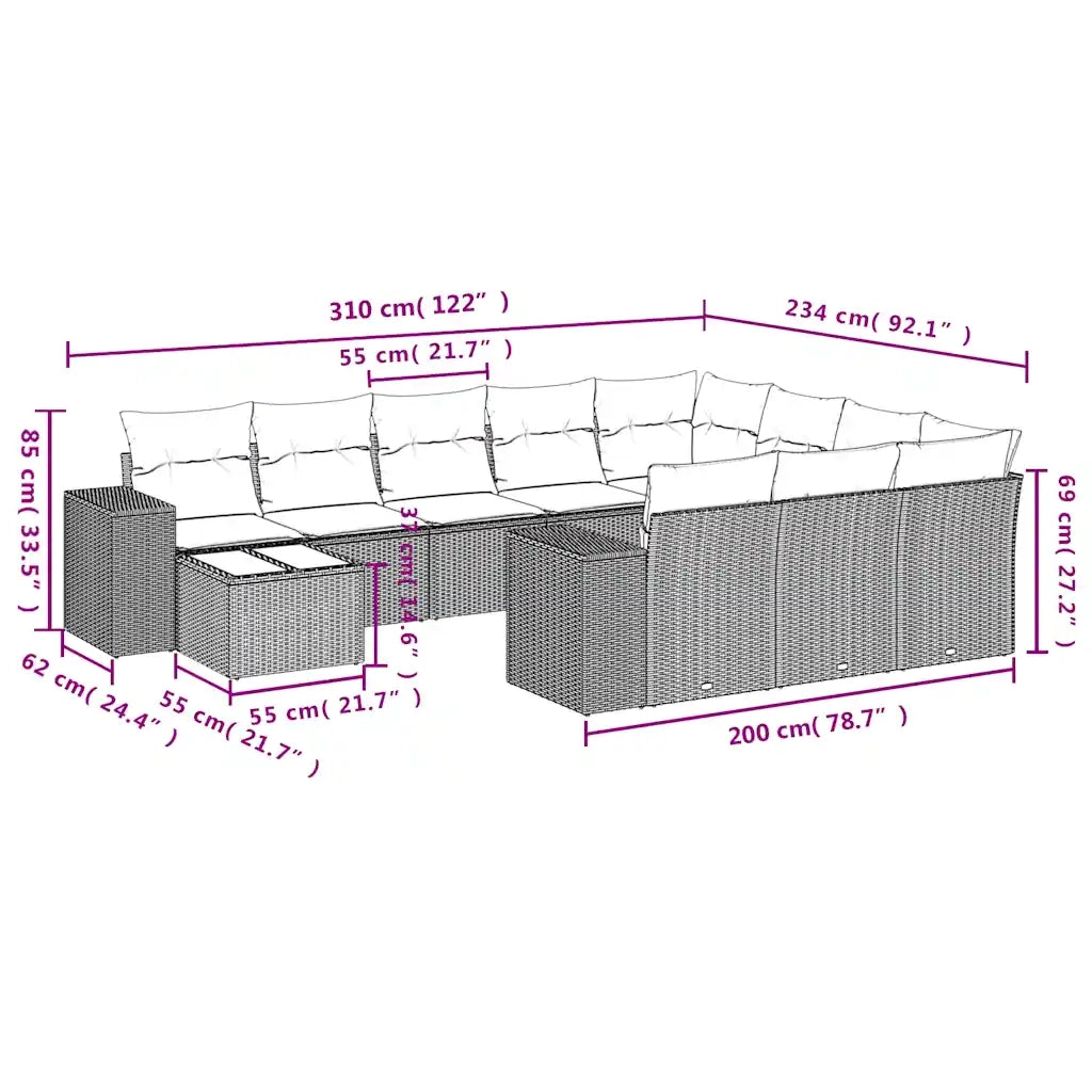 Set Divani da Giardino 11 pz con Cuscini Polyrattan Marrone