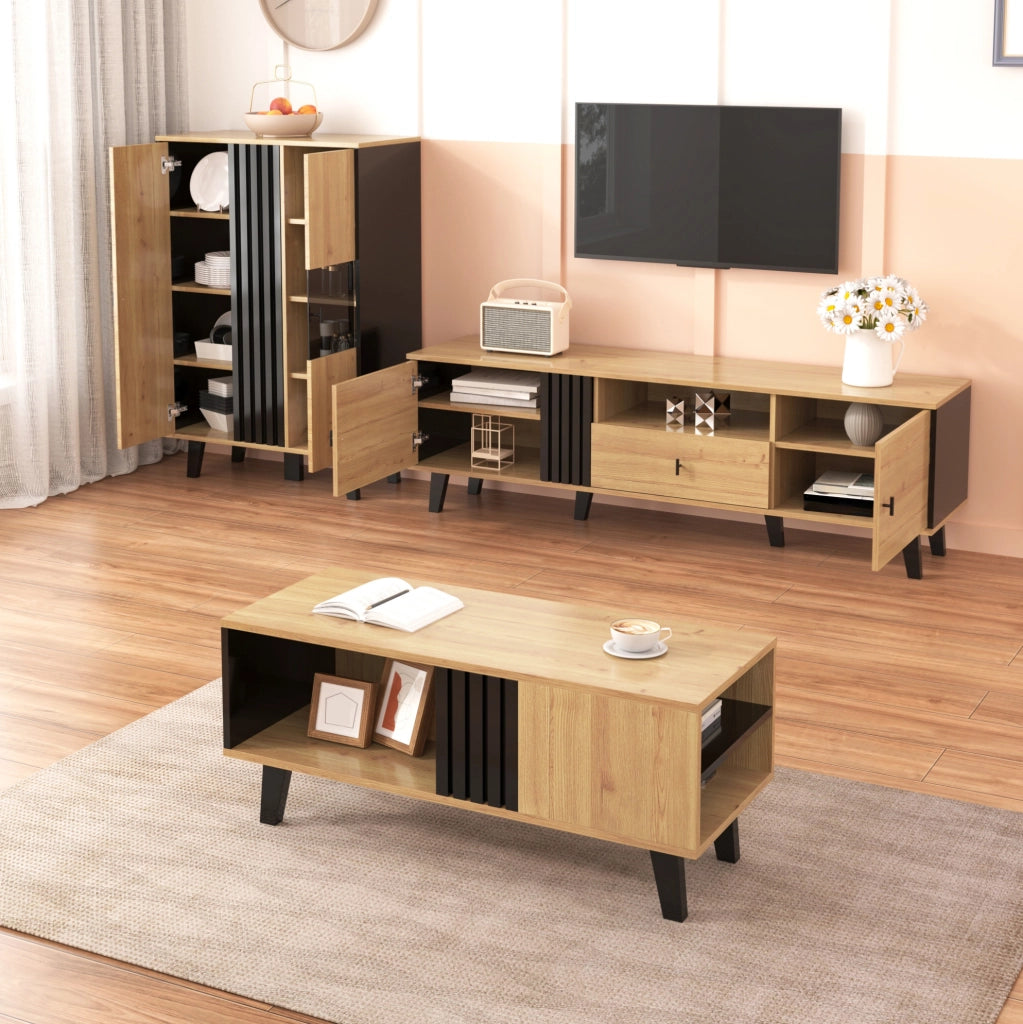 Sideboard 140x78,5x41 cm in legno e nero con LED e vetro