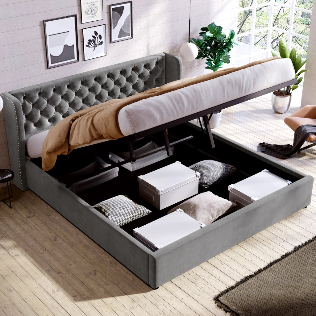 Letto imbottito matrimoniale a orecchio 160x200 cm in velluto con bottoni, sollevamento idraulico, rete a doghe e contenitore - Grigio