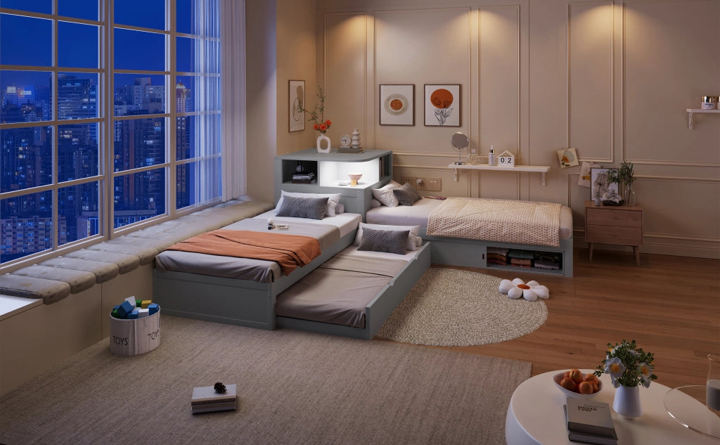 Letto a piattaforma a L 90x200 cm con letto estraibile e contenitore con porta scorrevole, luce notturna inclusa, Grigio