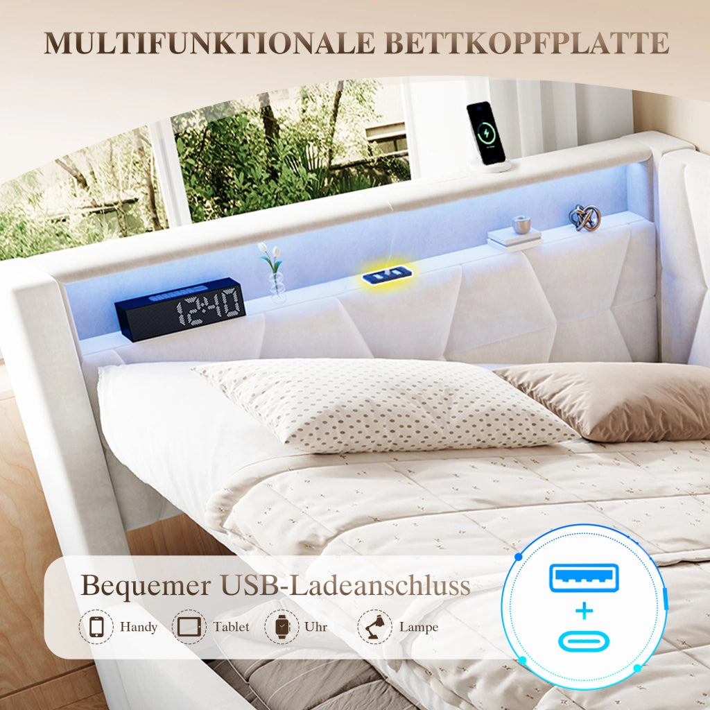 Letto contenitore matrimoniale 140 × 200 cm con vano idraulico, LED, USB e Type-C, senza materasso, beige