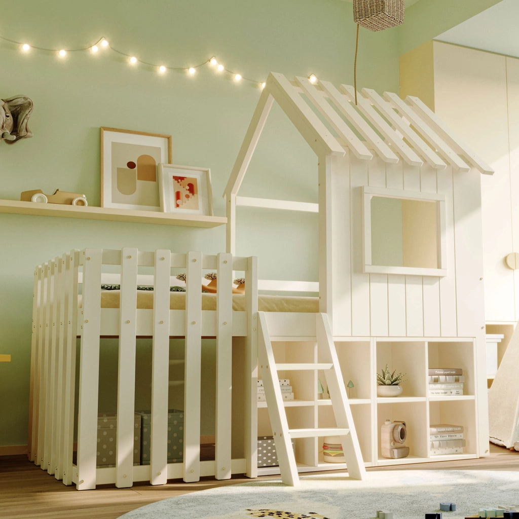 Letto casetta per bambini 90x200 in legno massello; rialzato con scala; contenitore e struttura bianca