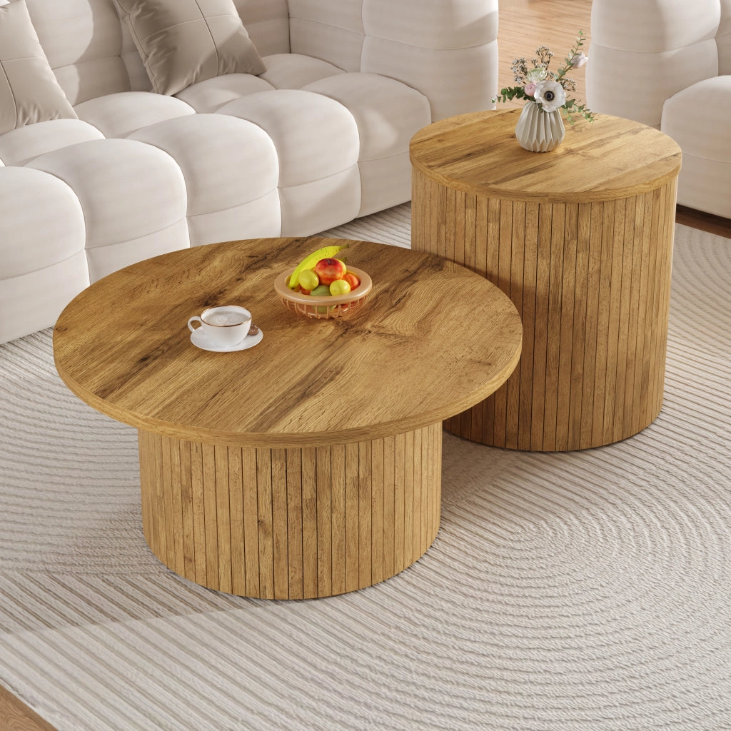 OKWISH Tavolini da Salotto Impilabili Rotondi con Doppia Struttura Separabile, Stile Minimalista, MDF, Naturale