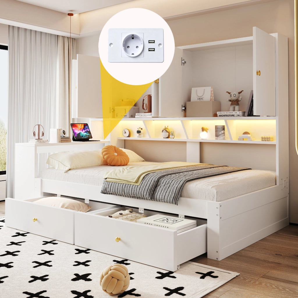 Letto per bambini 90 x 200 cm con scrivania e contenitori, letto multifunzione bianco con cassetti, ripiani, LED integrata e presa USB