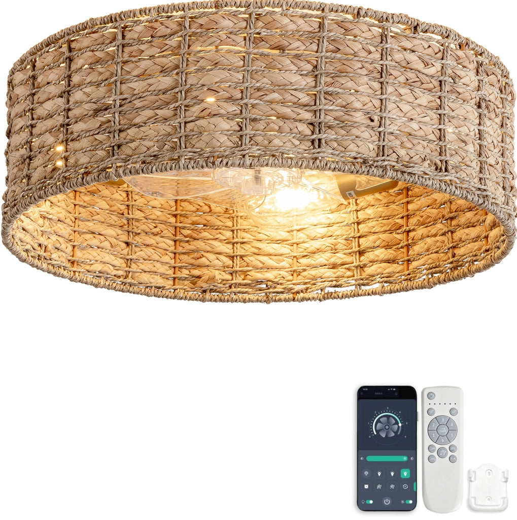 Plafoniera con ventilatore in rattan 53×53×22 cm; 6 velocità; rame