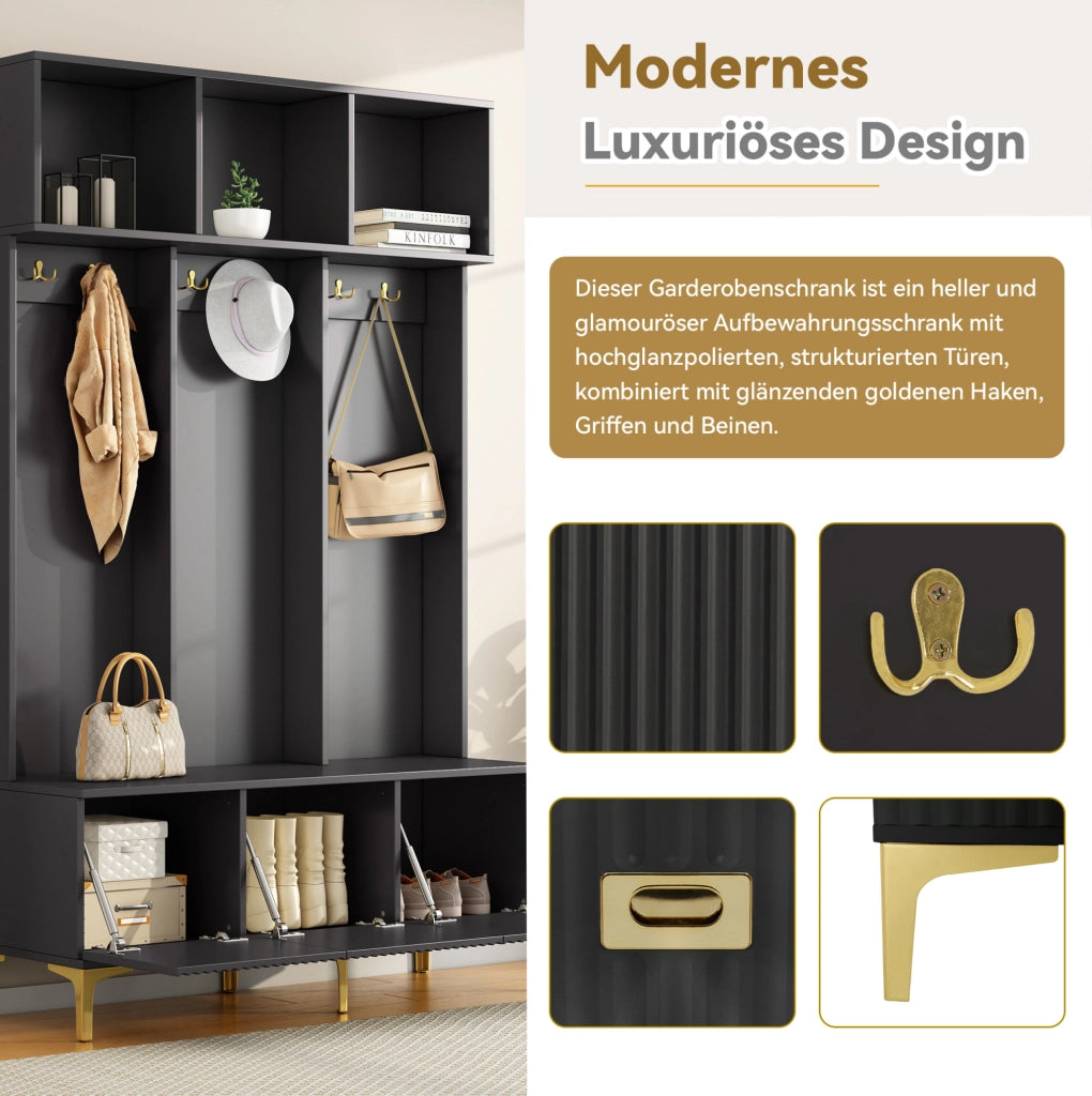 Set guardaroba con panca e scarpiera, nero, 120 × 40 × 191 cm
