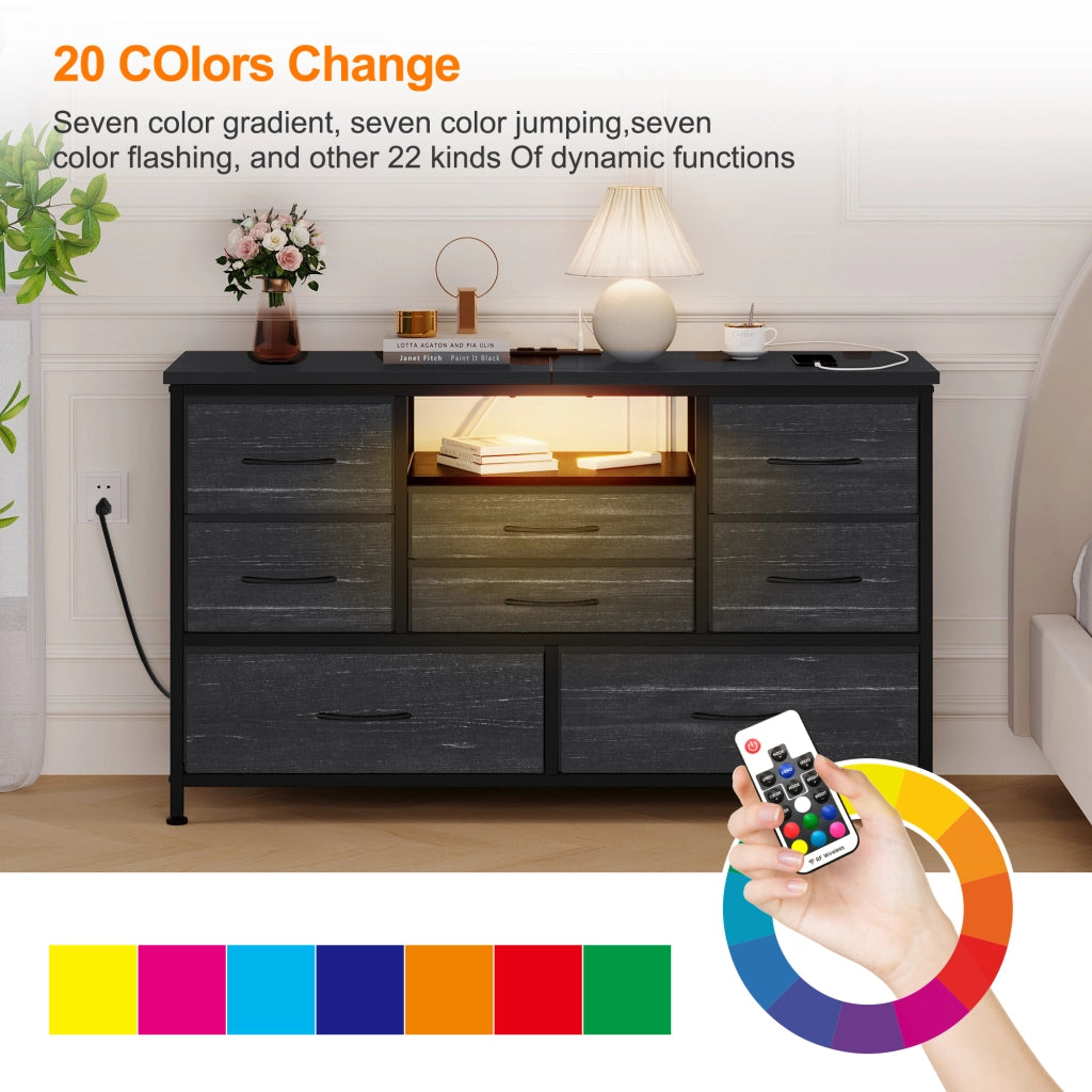 Cassettiera 8 Cassetti in Tessuto con Luci LED Mobile Multiuso per Camera da Letto e Salotto Grigio Nero