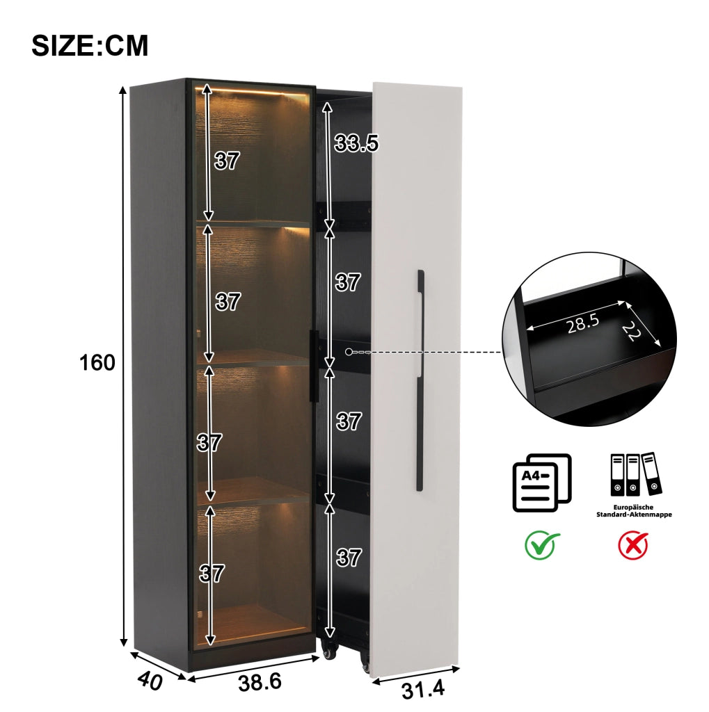 Vetrina 70x40x160 cm con LED e vano estraibile laterale in MDF nero e bianco