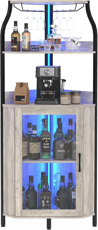 Cantinetta Mobile Bar Industriale a 4 Livelli con Vetrine Luci LED e Porta Bicchieri
