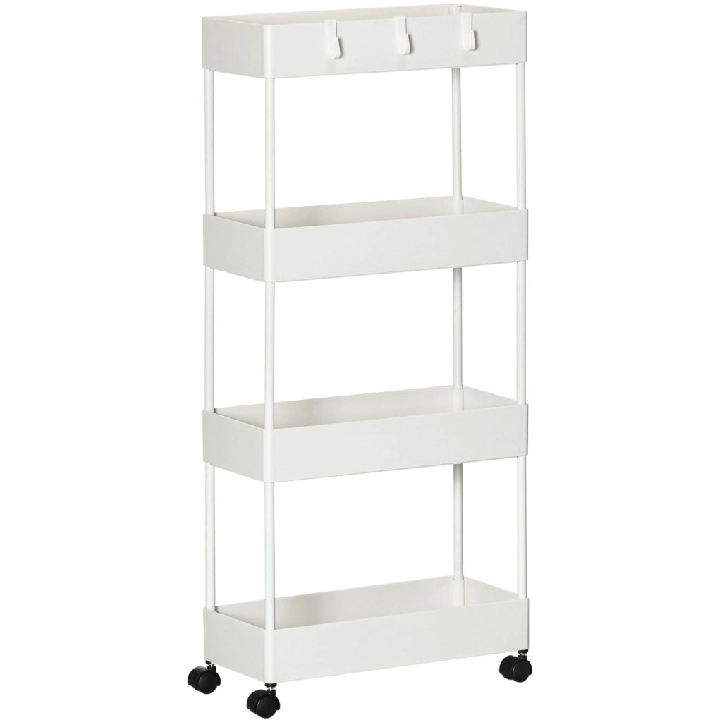 Carrello slim a 4 ripiani con ruote e freni, bianco
