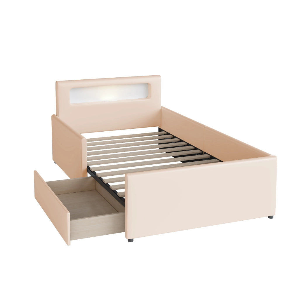 Letto imbottito per bambini 90x200 cm con luce notturna USB e cassetti beige