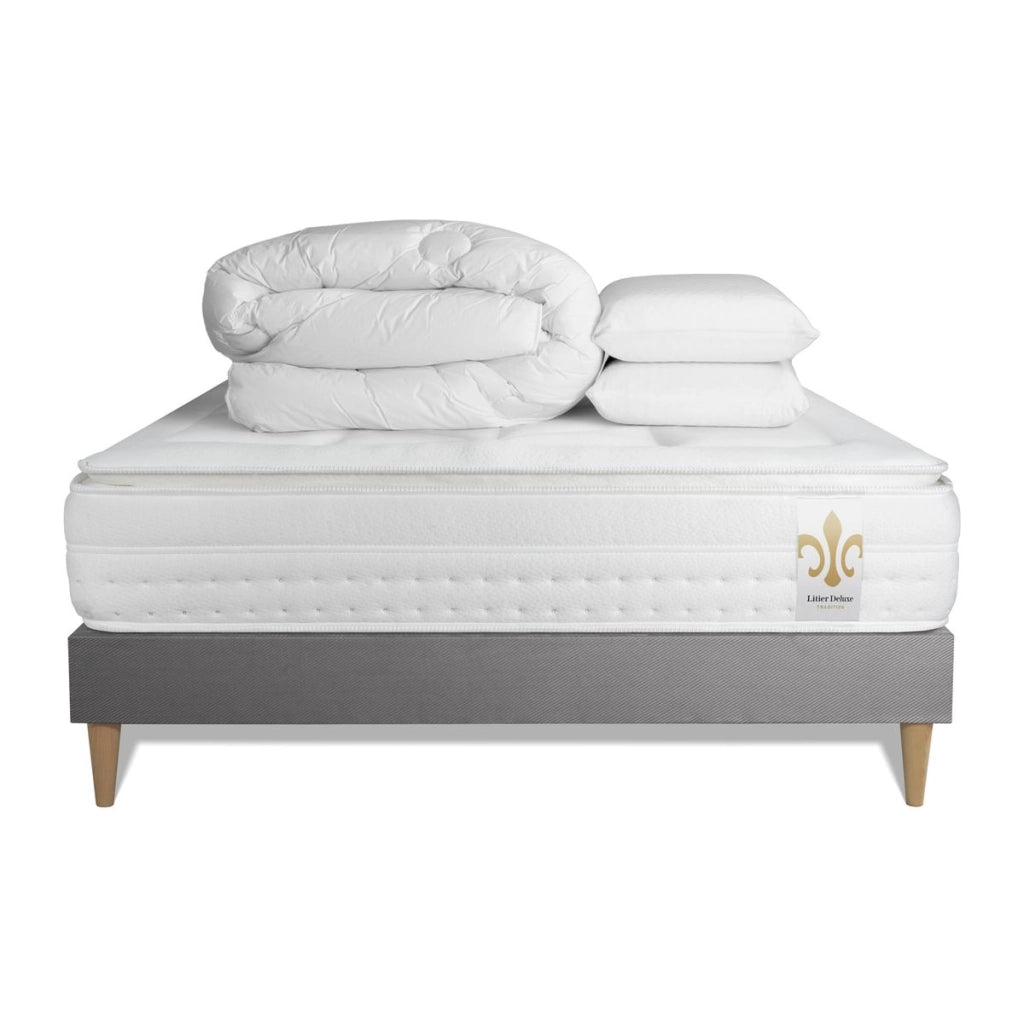 Pacchetto letto completo - Materasso 140x200cm + Box spring con doghe (kit) + 2 cuscini + Piumino - Vingt-Huit PLUS