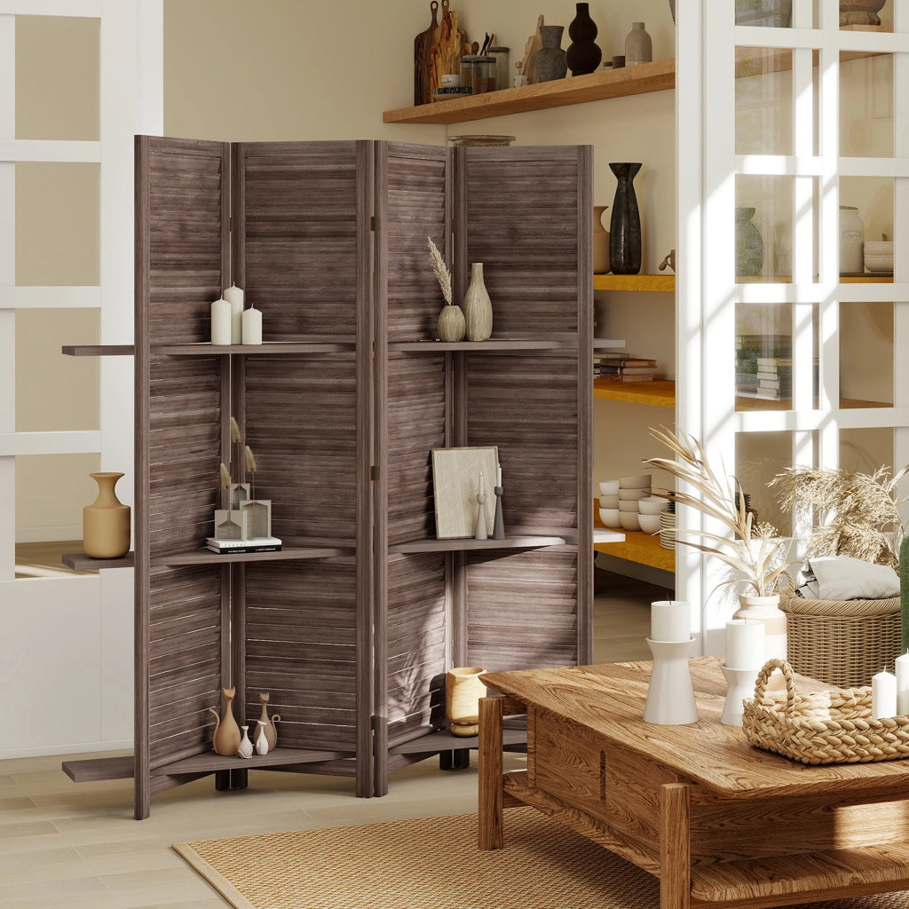 Paravento divisorio pieghevole ¨C Xylo ¨C legno noce 4 pannelli 160x170 cm con 3 ripiani