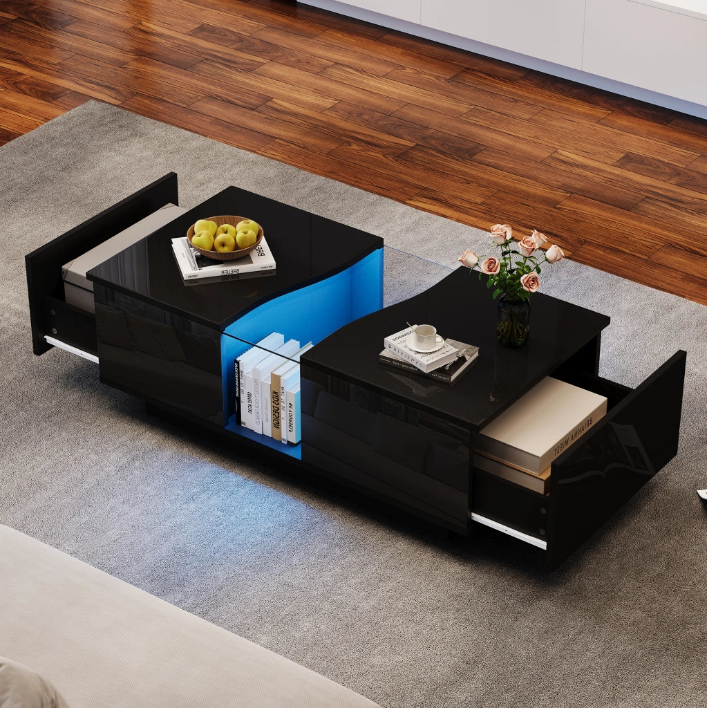 Tavolino da caffè LED 100x50x35 cm con 2 cassetti in MDF e acrilico; nero lucido