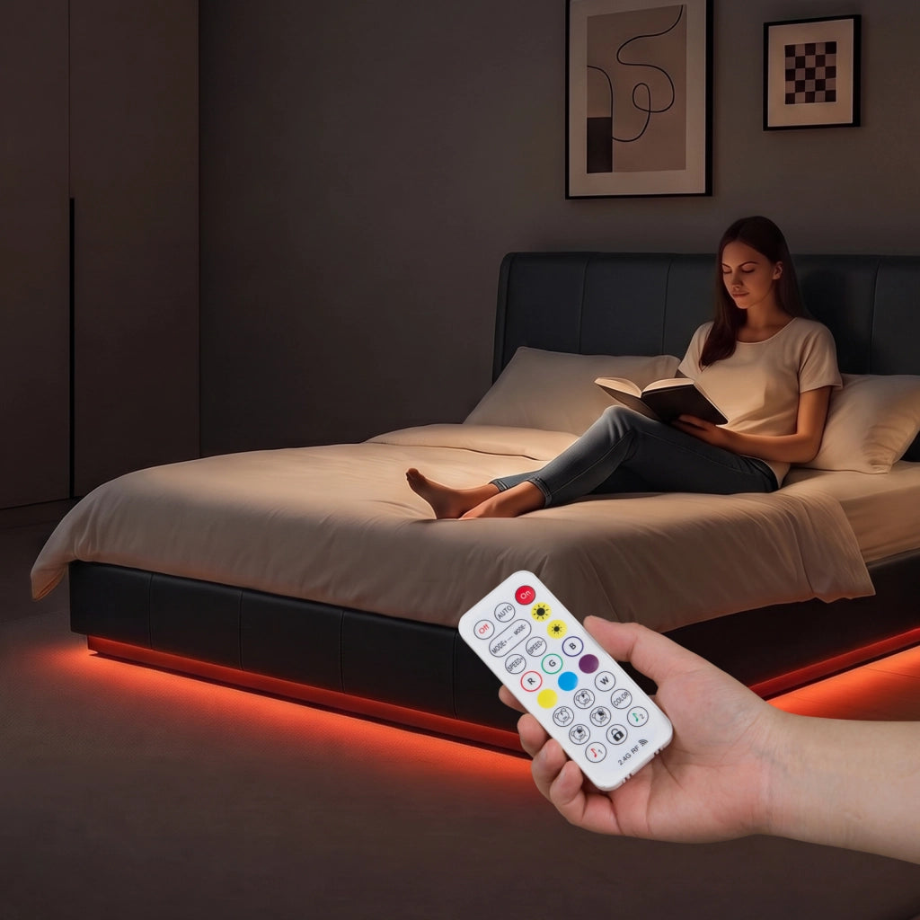 Letto Francese Contenitore Tröstiar a Luce LED con Materasso 140x200 cm - Similpelle Nero [en.casa]