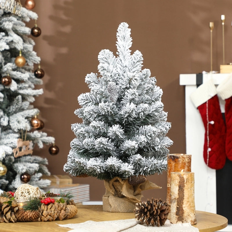 Mini albero di Natale artificiale 60 cm, abete artificiale innevato, 72 punte, 6 pigne, base in cemento