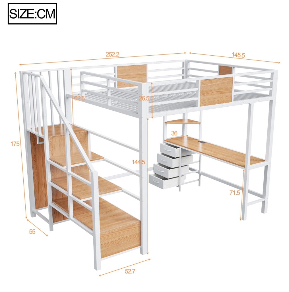 Letto a soppalco 140x200 cm in metallo bianco con scrivania; LED; presa e vani portaoggetti