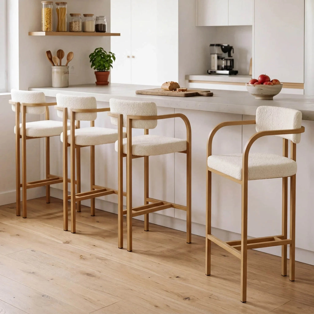 IDMarket - Set di 4 sgabelli da bar ESMA in metallo effetto legno e tessuto bouclette con braccioli