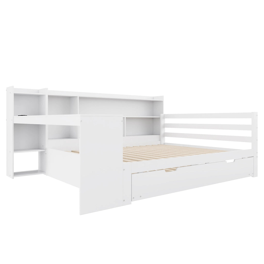 Letto con letto estraibile 140 × 200 cm con scrivania; ripiani; vani e prese USB in legno bianco