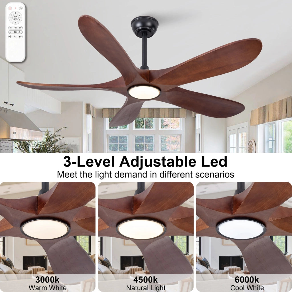 Ventilatore a soffitto 52'' con luce, telecomando, 5 pale in legno massello, 6 velocità, dimmerabile, silenzioso