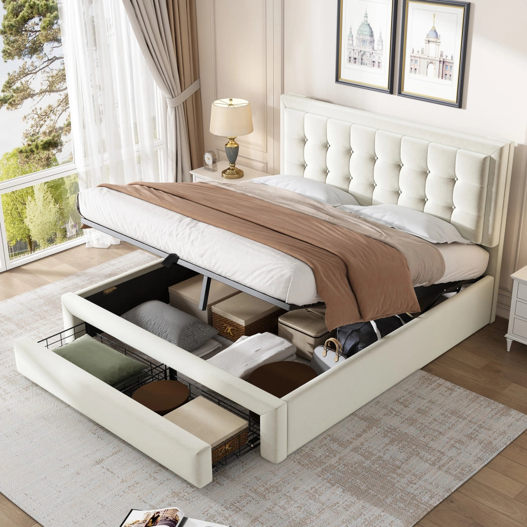 Letto con cassetti rivestito in velluto beige con testiera regolabile e sistema di sollevamento idraulico
