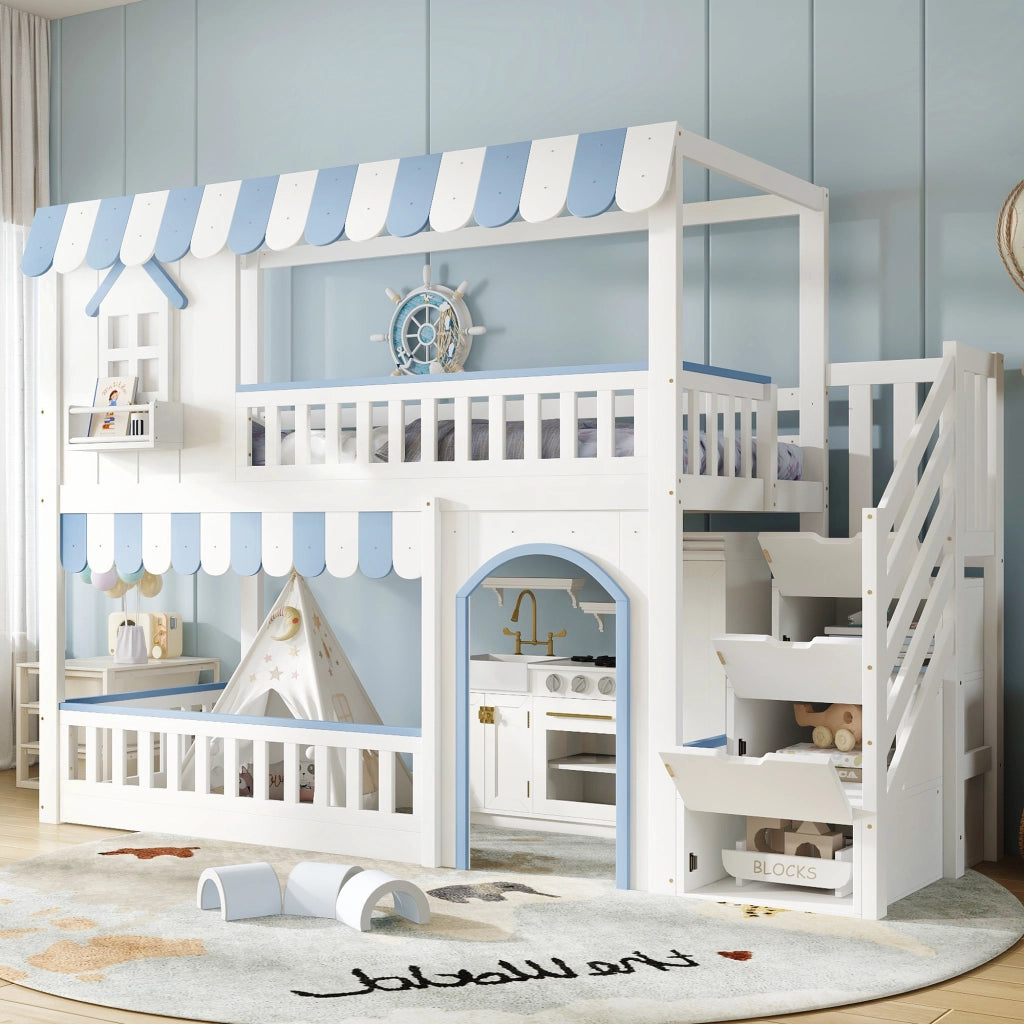 Letto a soppalco 90 × 200 cm con scala contenitore a tre gradini; rete a doghe e barriere; legno bianco e blu