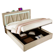 Letto Contenitore Matrimoniale 140 x 200 cm; USB e Tipo C; LED; Testiera Regolabile in Lino Beige