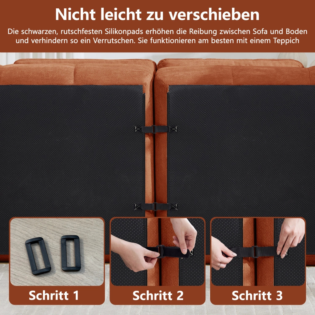 Divano angolare modulare a 3 posti in chenille arancione con pouf e struttura senza telaio per soggiorno