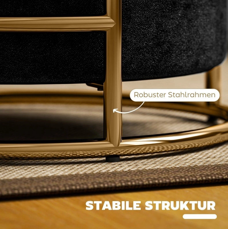 Pouf contenitore imbottito in velluto nero con struttura in metallo dorato, Ø42x39 cm