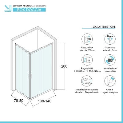 Box doccia angolare 80x140 cm doppio scorrevole in cristallo trasparente Ted