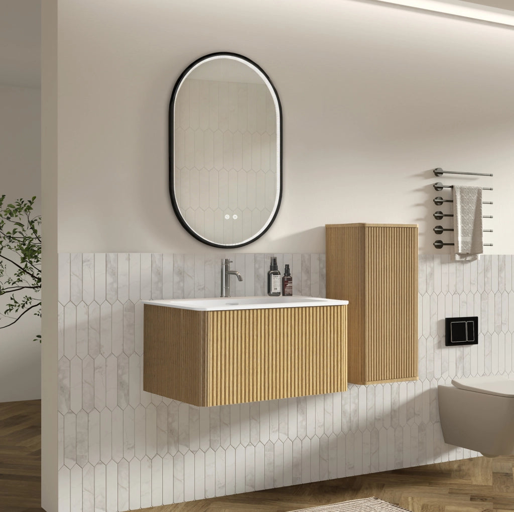 Set mobili bagno rovere con lavabo in pietra artificiale; specchio LED antiappannamento