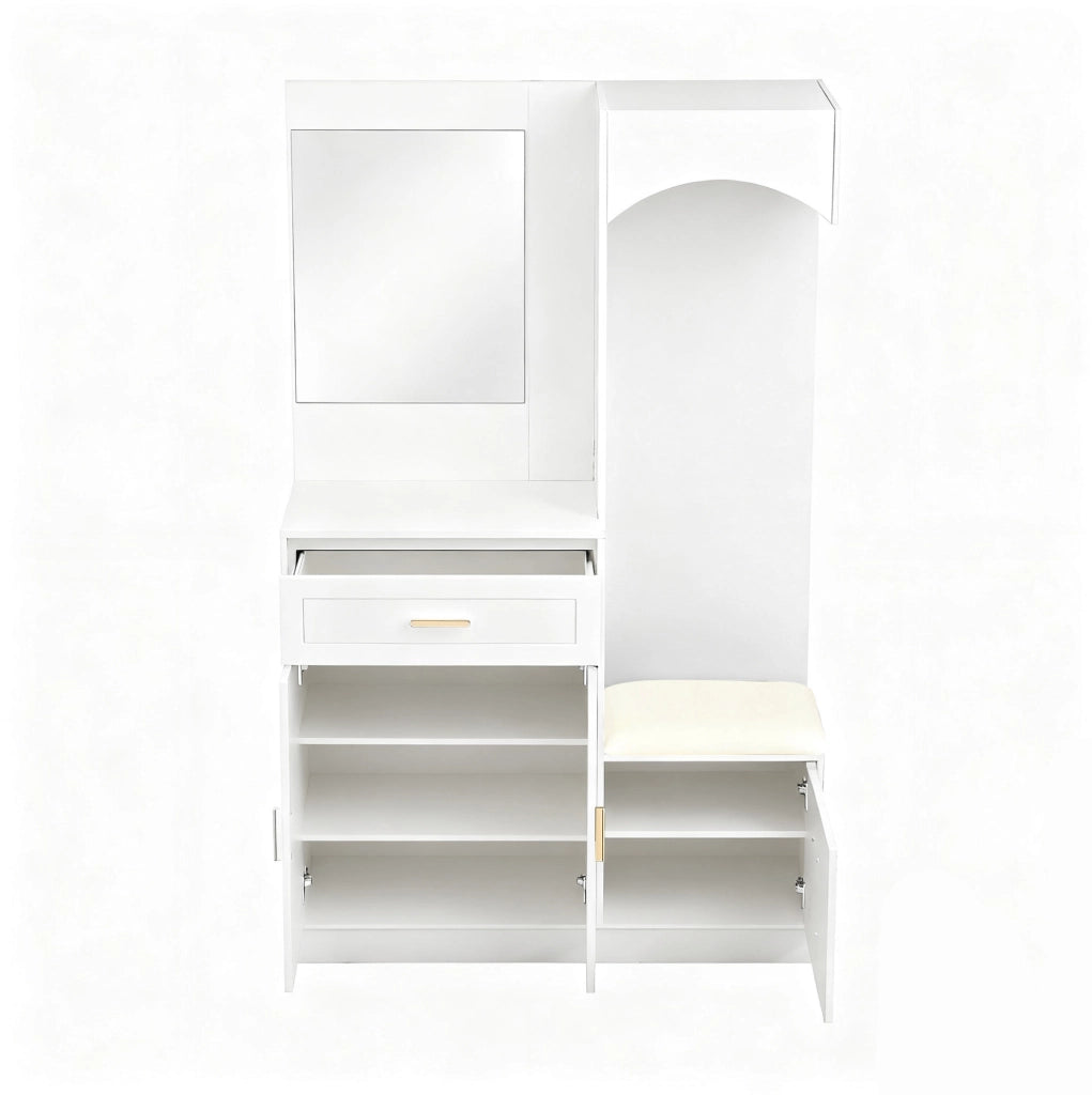 Guardaroba compatto bianco con appendiabiti, scarpiera, specchio e panca, 110x33x185,5 cm
