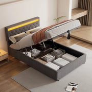 Letto contenitore 140 × 200 cm imbottito con sollevamento idraulico LED USB e USB-C in lino grigio