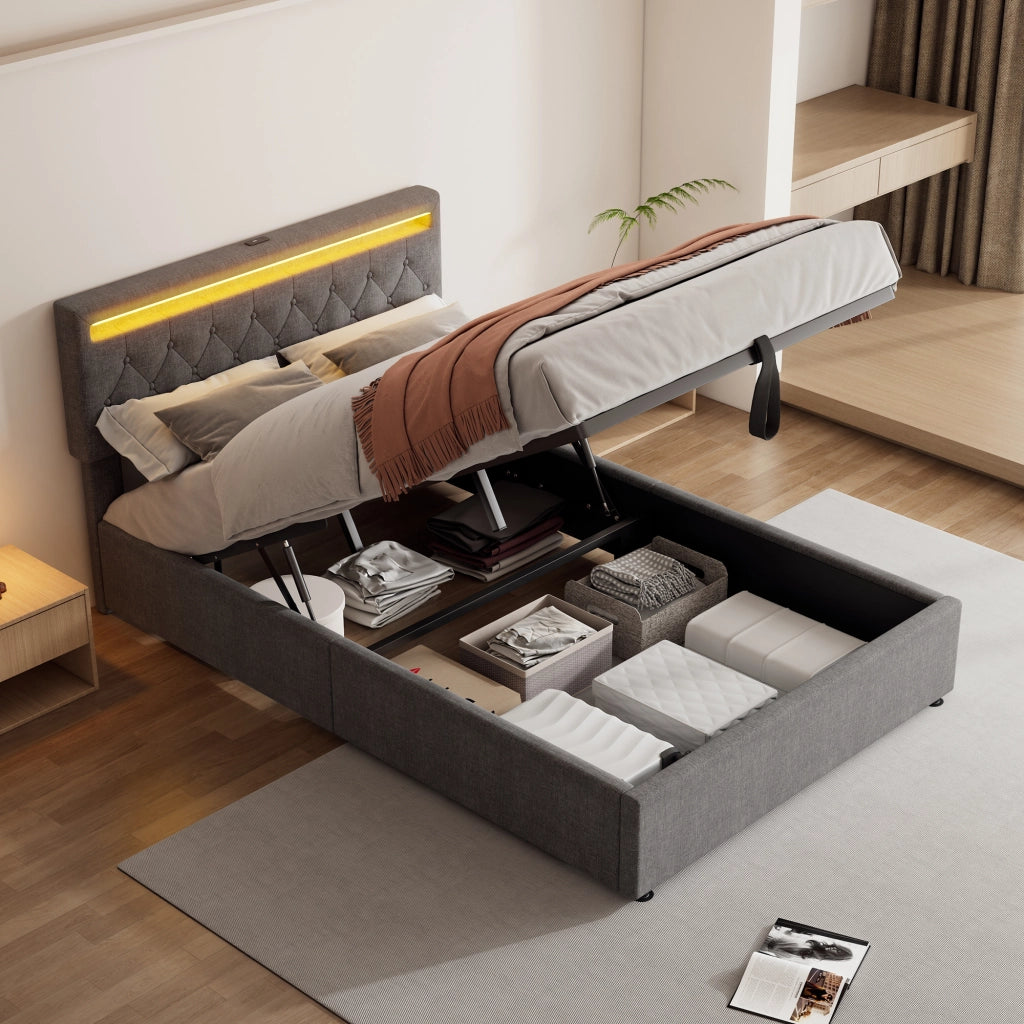 Letto contenitore 140 × 200 cm imbottito con sollevamento idraulico LED USB e USB-C in lino grigio